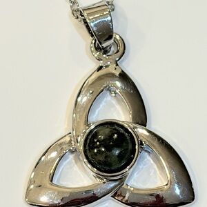 Silver Tone Celtic Trinity Pendant with Dark Gray Stone